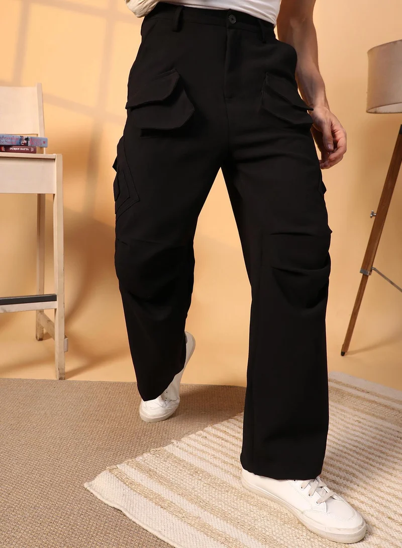 كامبوس سوترا Men's Onyx Black Asymmetrical Parachute Trousers For Casual Wear | 8 Pockets | Mid-Rise | Button Closure | Cargo Pants Crafted With Comfort Fit For Everyday Wear
